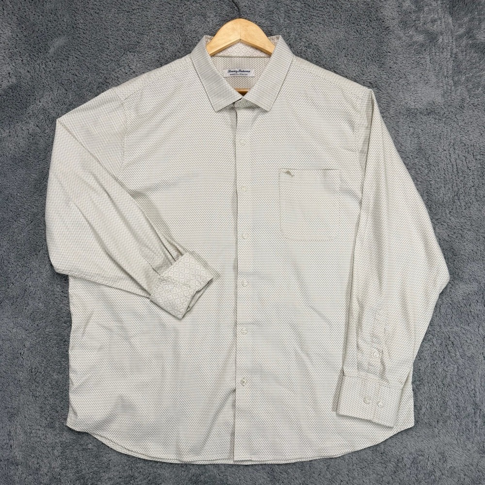 Tommy Bahama Sarasota Stretch Shirt Mens 2XL Beige Geometric Flip Cuffs Pocket